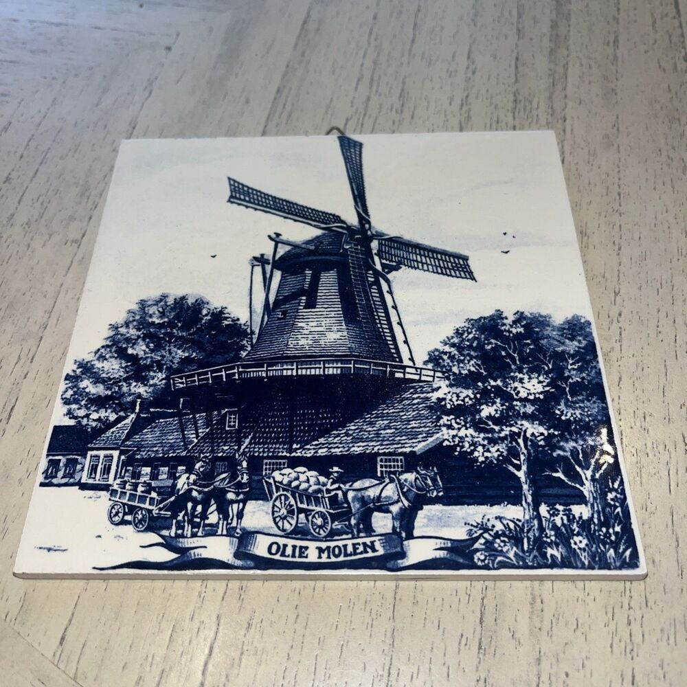 Delft Holland Windmills  Blue & White Hand Painted Tile 6”x6”